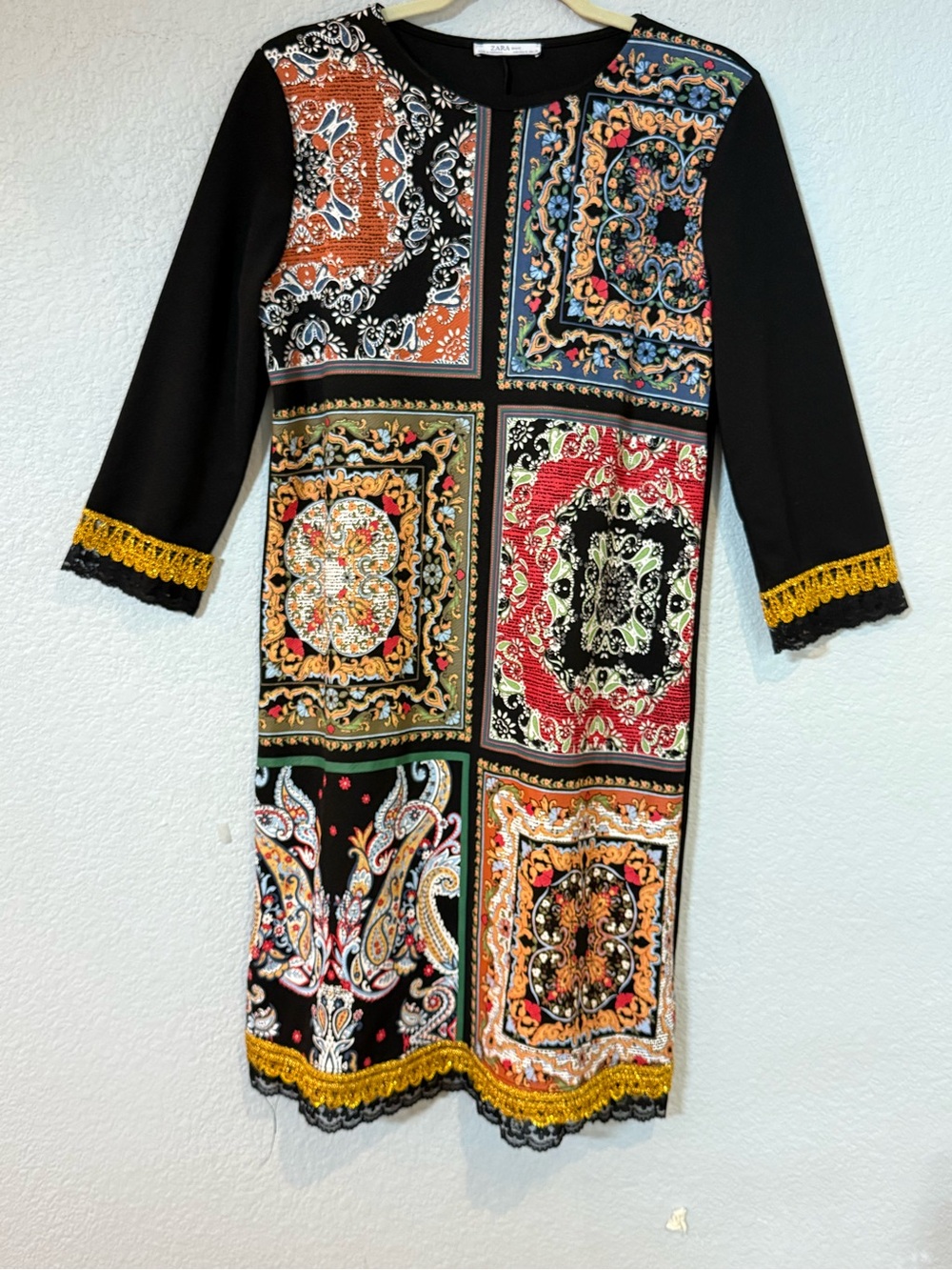 Statement Zara midi dress featuring an ornate patchwork scarf print with paisley